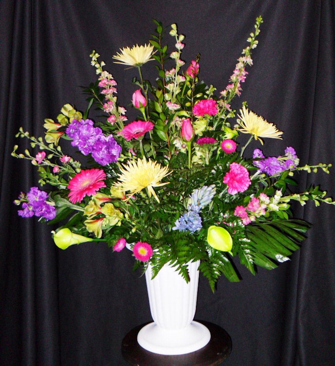 Spray of Larkspur Stock Tulips Spiders Gerberas Alstroemeria Hyacinth Carnations and Roses