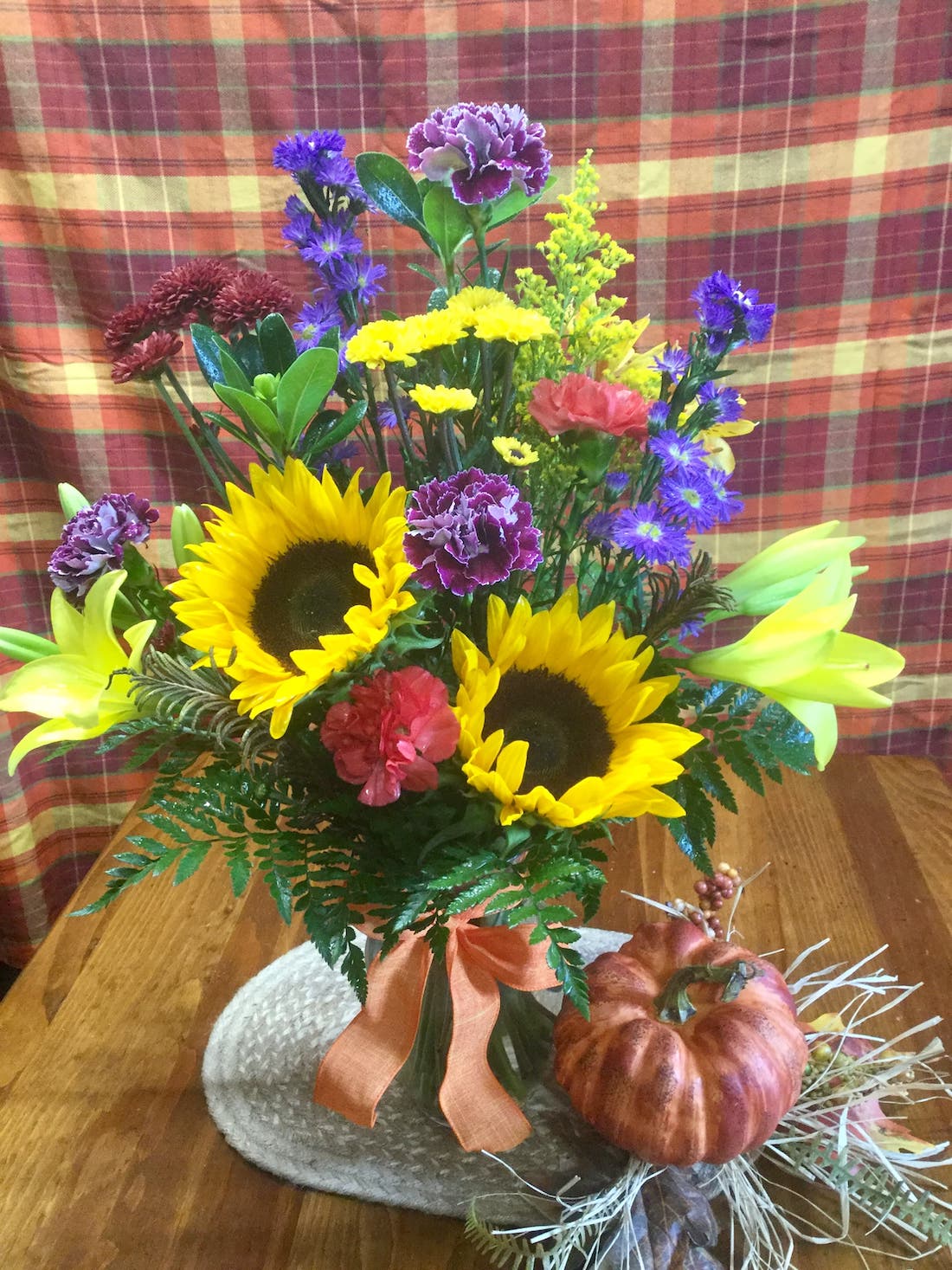 Mixed Sunflowers, Carnations, Larkspur and Grasses