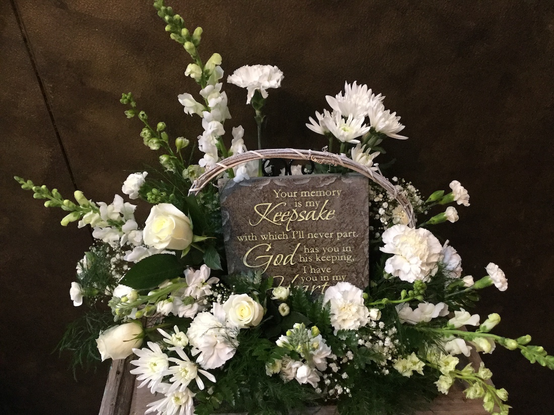Fresh Sympathy Mix In Basket With Keepsake Memorial